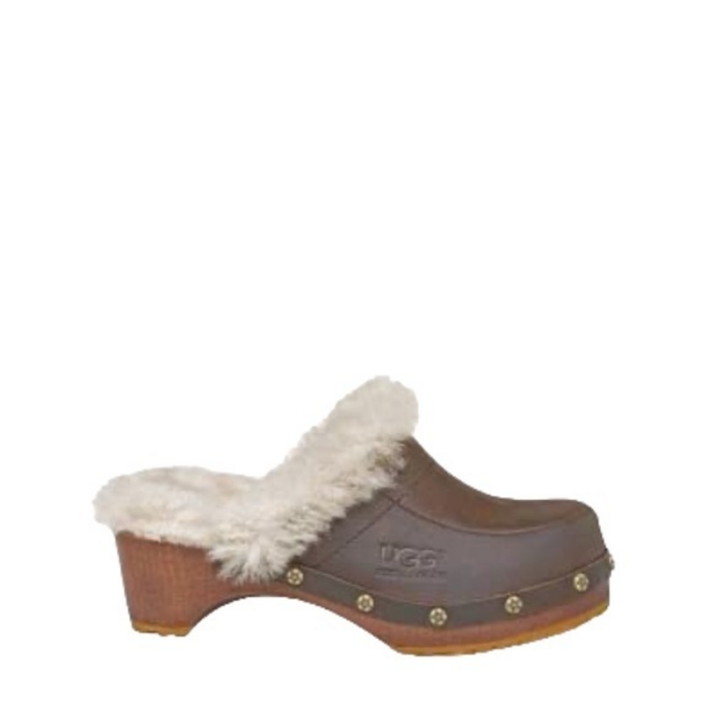 UGG Kalie‎ Brown Leather Sheepskin Studded Wood Slip On Mules Clogs